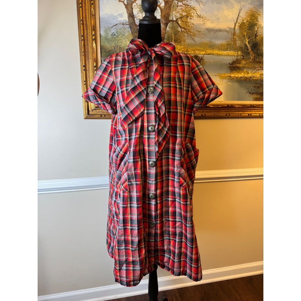 Vintage 1950s 60s Plaid Shirt Dress Bow Tie Neck Patch Pockets Mid Century - Picture 2 of 10
